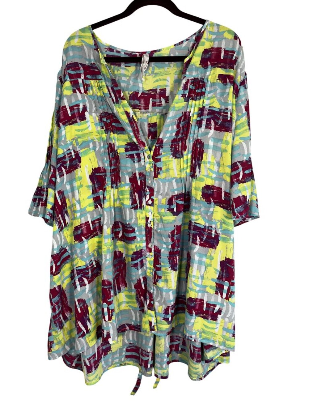 Colorful Pleated Tunic Shirt 2X Yellow Retro Festival Summer Artsy Abstract 80s‎
